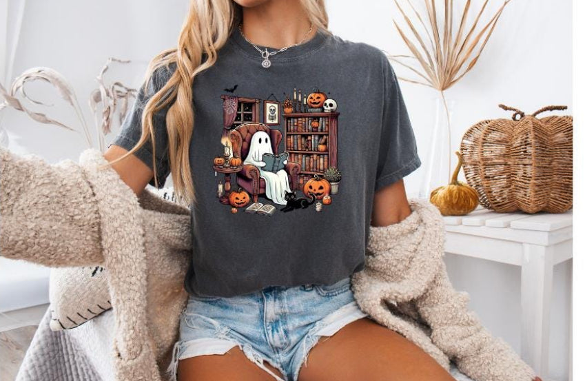 Retro Ghost Reading Books, Halloween Teacher Tshirt, Cute Ghost tshirt, Librarian Ghost Halloween shirt, Boo School, Bookish Halloween shirt-KianeluDesigns
